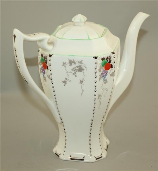 A Shelley fruit design fourteen piece Queen Anne shape coffee set, 1930s, coffee pot height 19cm